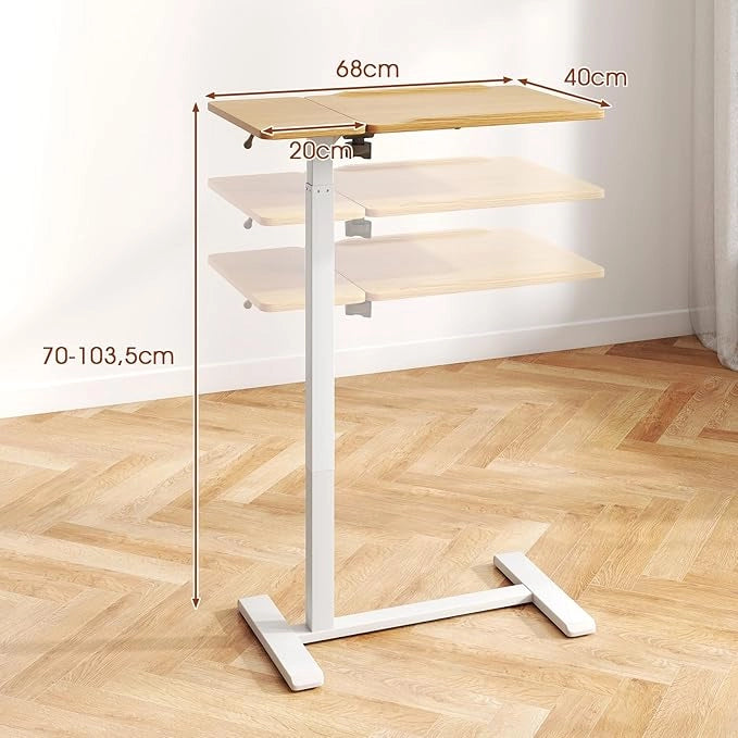 Tavolo per Computer, Tavolino Portatile e Regolabile in Altezza con Piano Inclinabile e 2 Fermi, Desk a Forma di C con Ruote per Camera da Letto e Ufficio, 68 x 49 x 70-103,5 cm