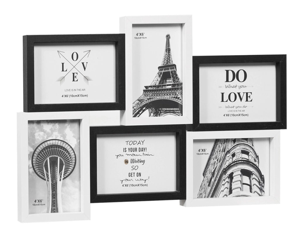Cornice Portafoto Multipla Mosaico Legno MDF Parete Bianco Nero 6 Foto Da 10x15 Cm
