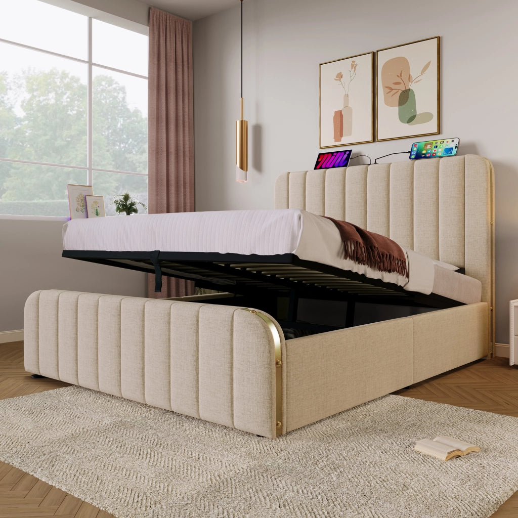 LETTO Contenitore 160x200 cm in lino beige con ricarica USB e Type-C