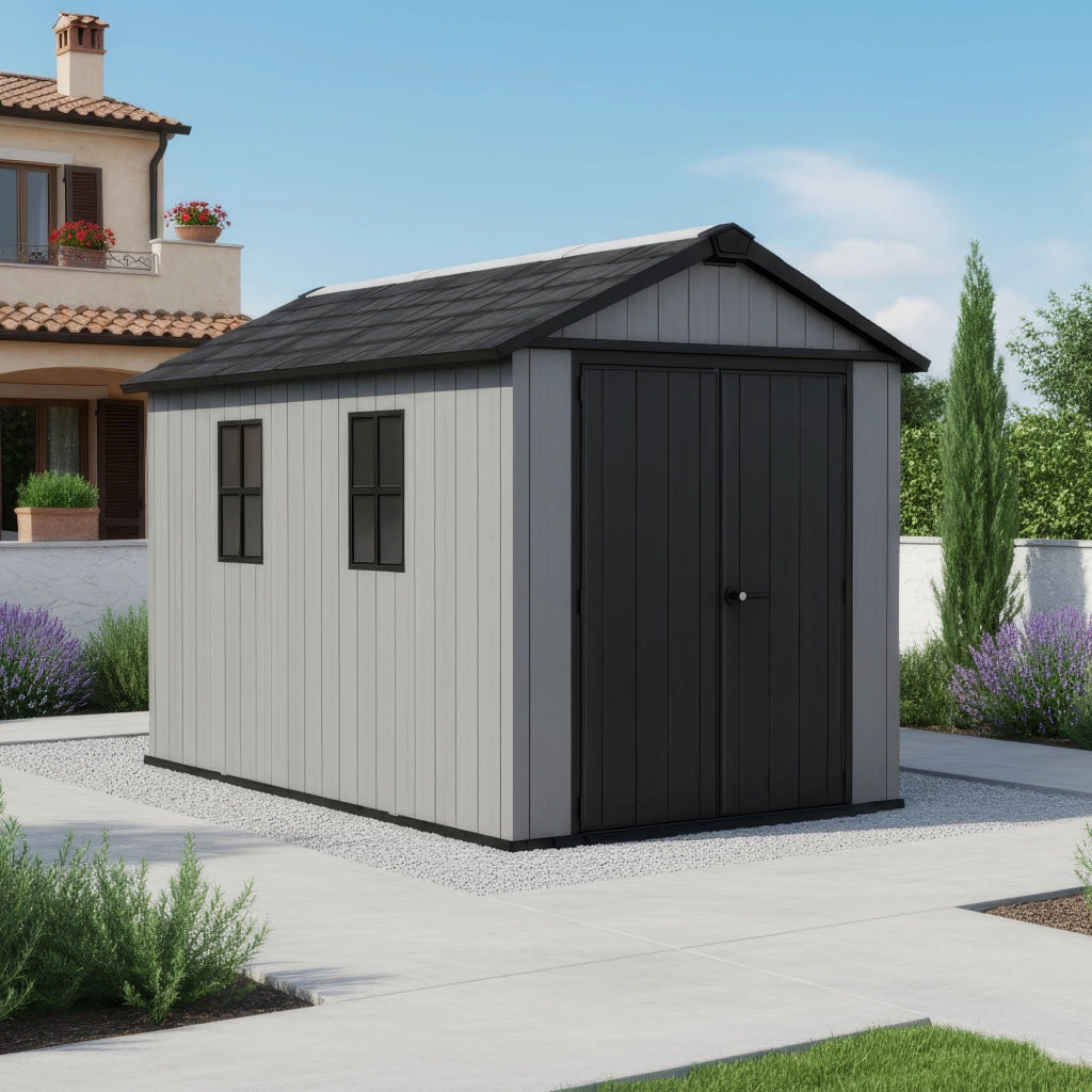 Newton + 7511/1175 - Casetta da Giardino 350x246x230 cm 2 Ante per deposito attrezzi finitura effetto legno Evotech+ in Resina Grigio e Nero