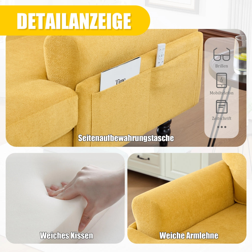 Poltrona Relax Ampia con Braccioli e Tasche Laterali Comfort Ergonomico Piedi in Legno in Ciniglia Giallo Senape