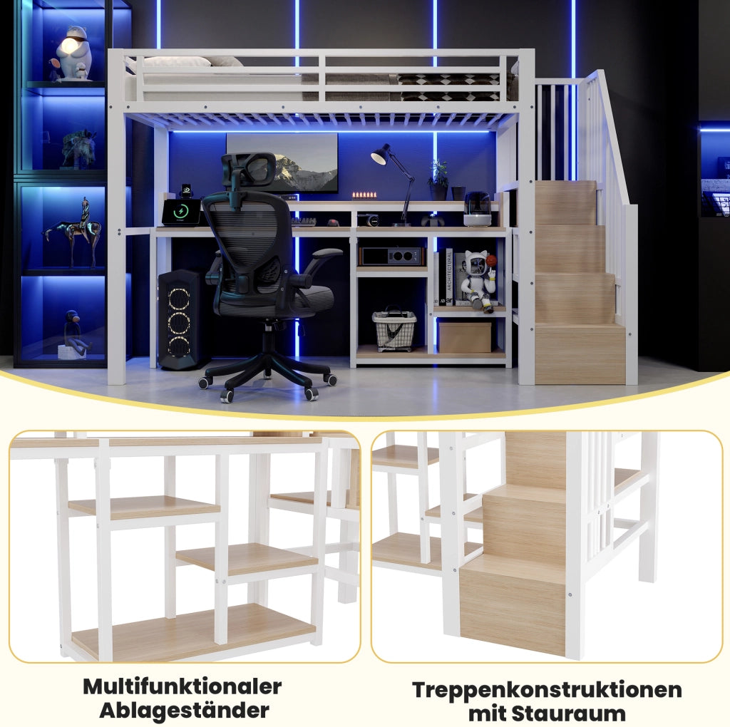 Letto a soppalco con scala contenitore, LED e ricarica USB, bianco