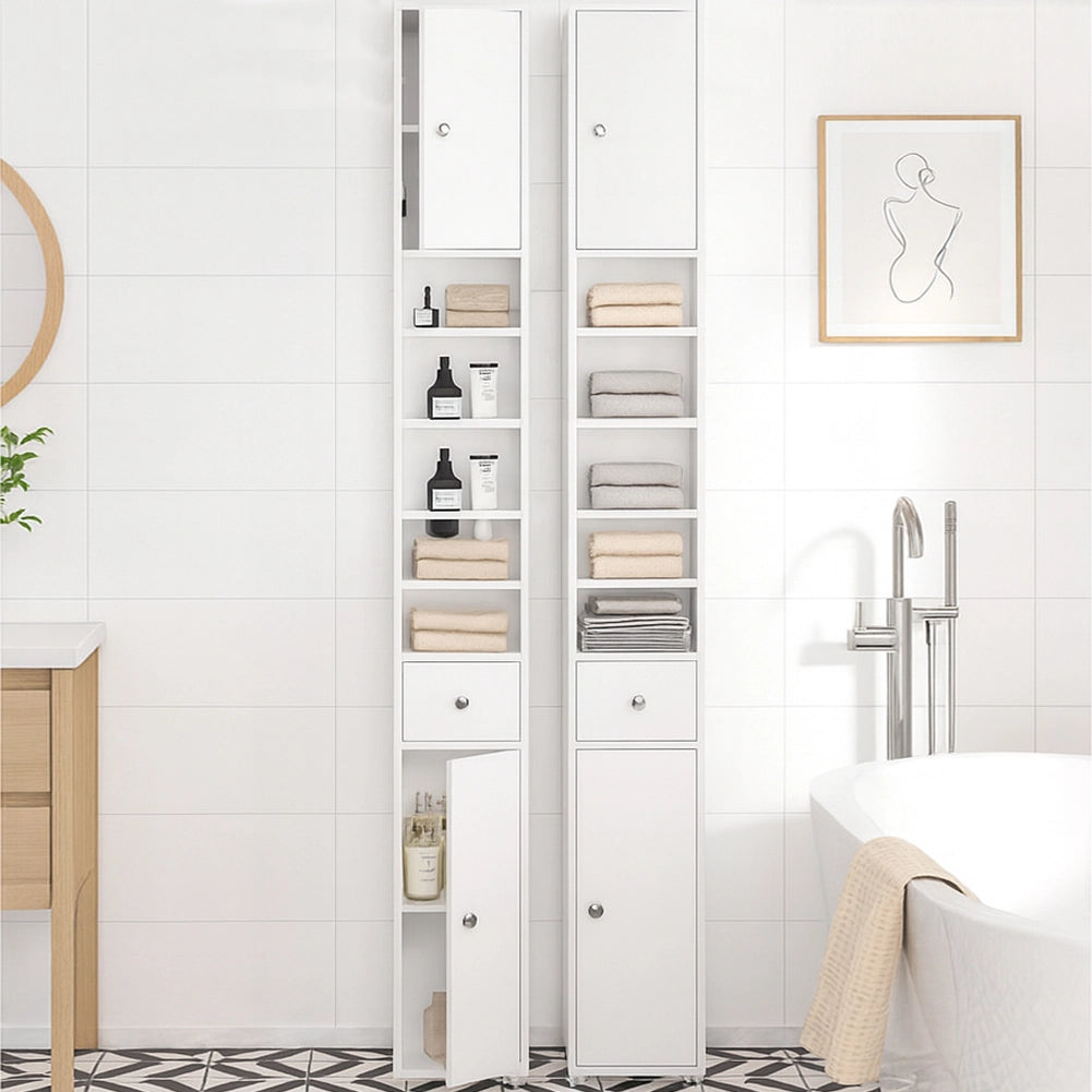 Mobile Bagno a Colonna Slim 20x20x180 cm con 2 Ante 1 Cassetto 5 Ripiani in Legno Bianco