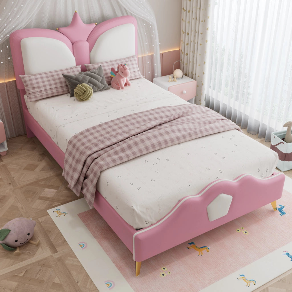 Letto per Bambini 90x200 cm; Singolo - Testiera a Corona e Bordi Imbottiti - PU - Rosa