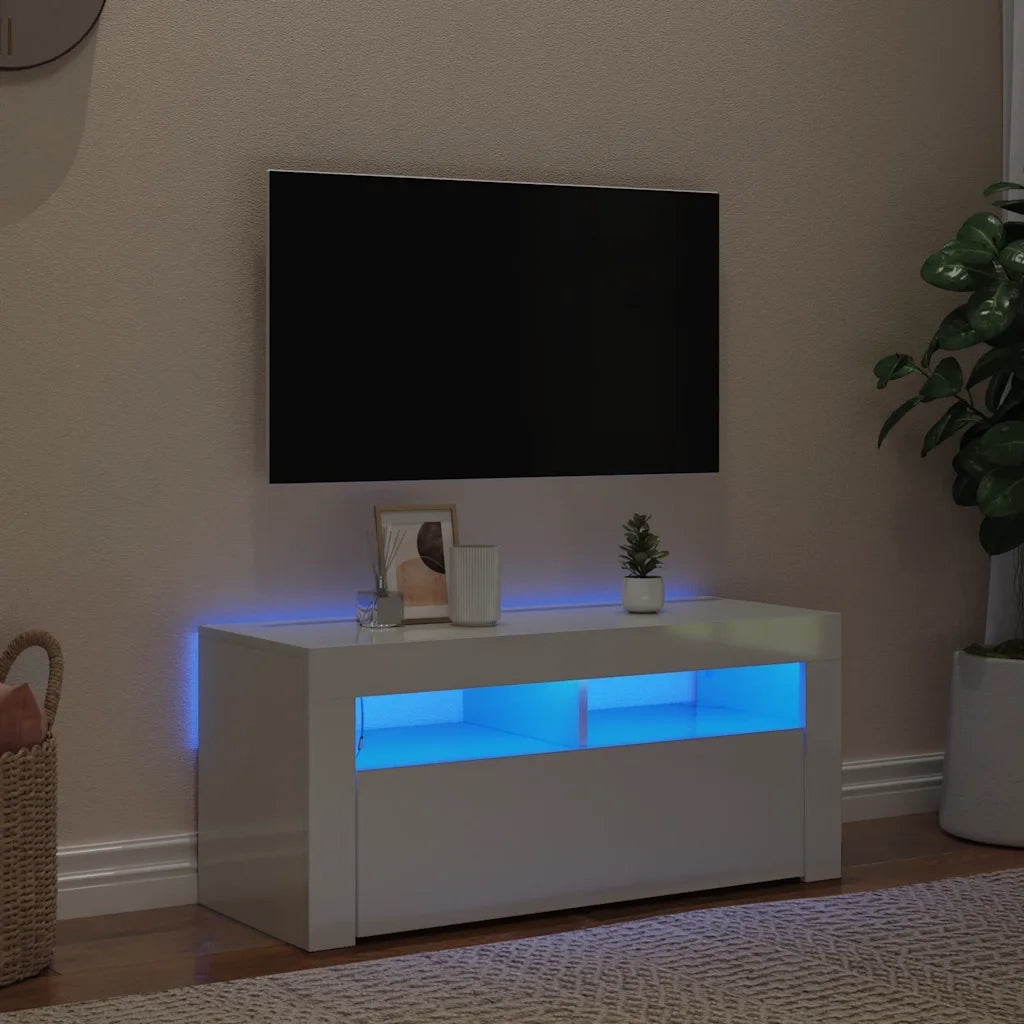 Mobile Porta TV con Luci LED Bianco Lucido 90x35x40 cm 804325