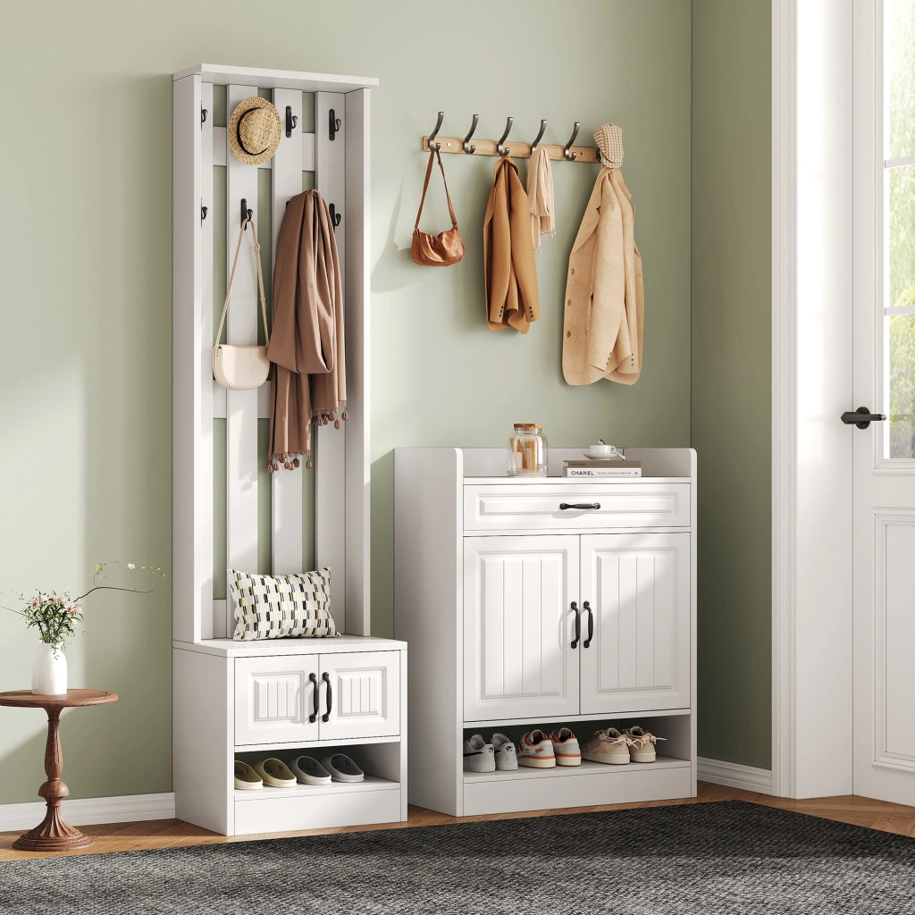 Mobile ingresso con 4 Ante; 1 Cassetto e 8 Ganci; con Panca Scarpiera; Stile Moderno; in Pannelli; Bianco; 125??36??190 cm