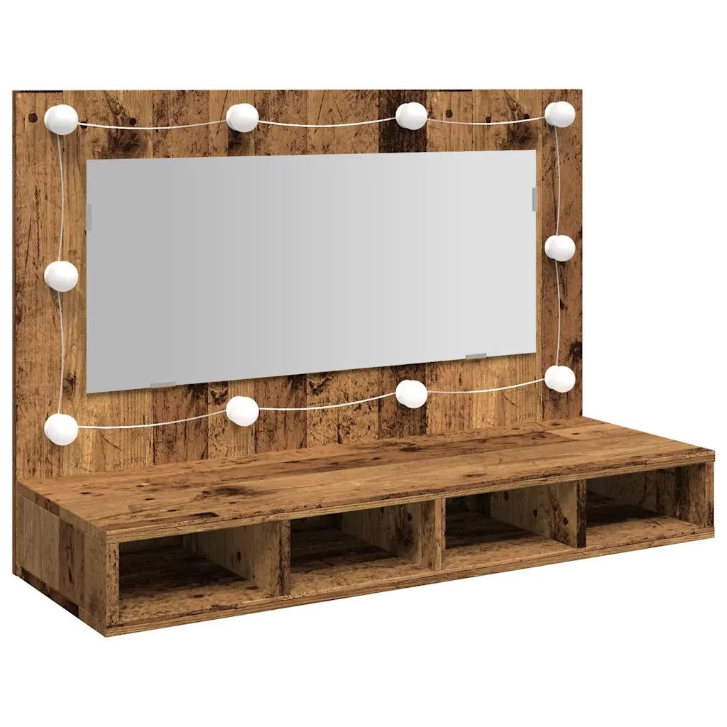 Mobiletto a specchio con illuminazione a LED 90 x 31 x 62 cm efficiente spazio contenitivo con 4 ripiani stile vintage legno anticato 02_0051002