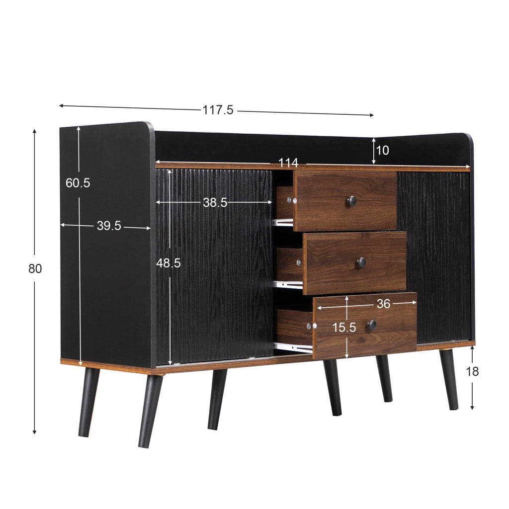 Credenza e Madia con 2 Ante Scorrevoli; 3 Cassetti; Ripiani Regolabili; Stile Moderno; in Pannelli di Particelle; 117;5??40??80 cm; Nero