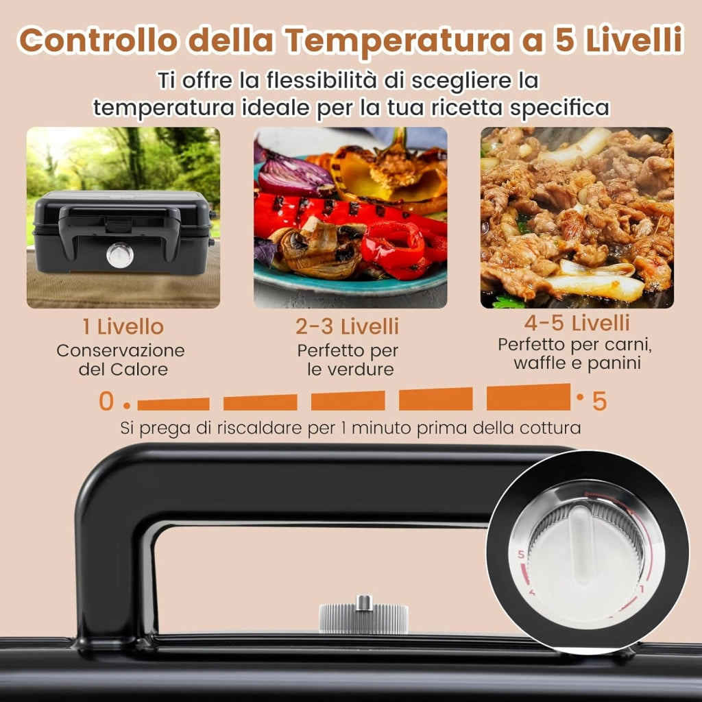 3 in 1 Tostapane Piastra, Griglia Elettrica Rimovibile 1200W, con Spie Indicatrici e Manico Cool Touch, Riscaldamento Bifacciale con 5 Livelli di Temperatura, Piastra Antiaderente, 29x31 cm