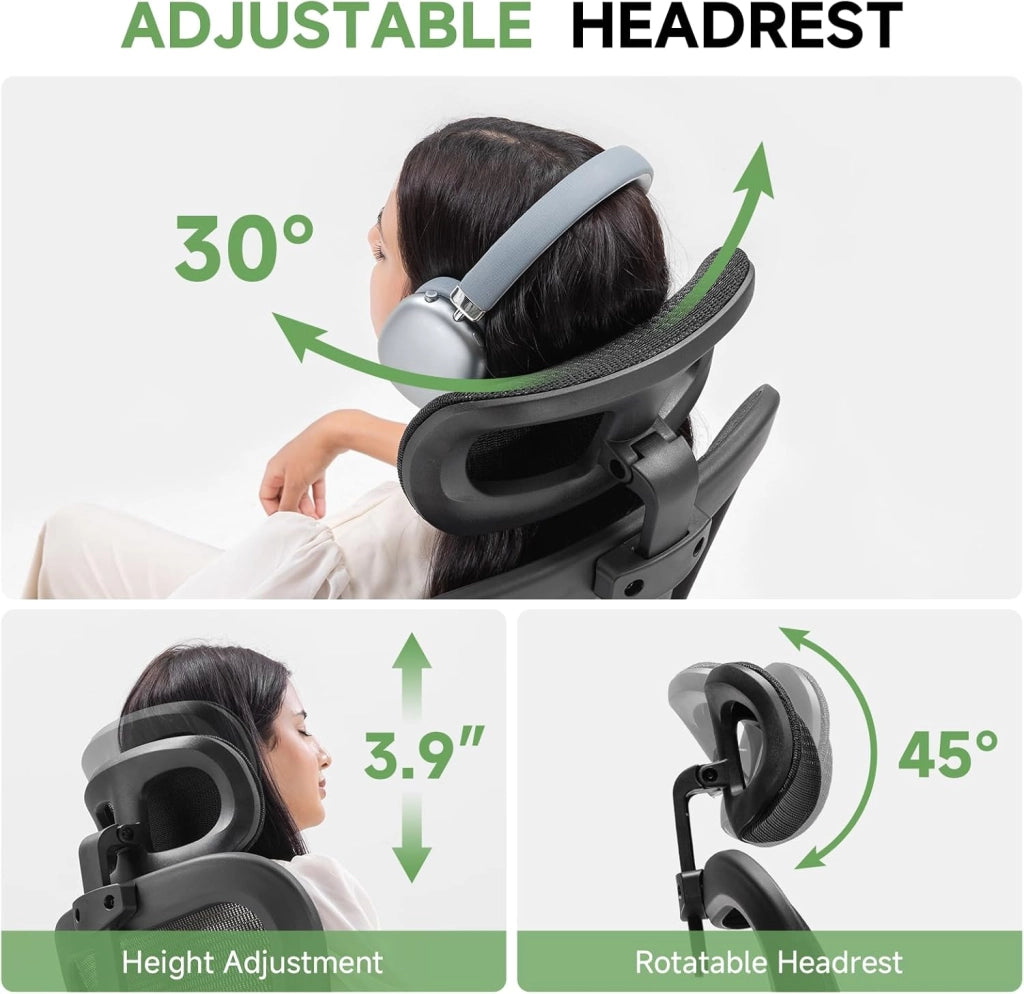 Sedia da ufficio ergonomica, da scrivania con poggiatesta regolabile, braccioli, supporto lombare, sedia da ufficio e da gioco, sedia direzionale in rete, 150 kg (nero)