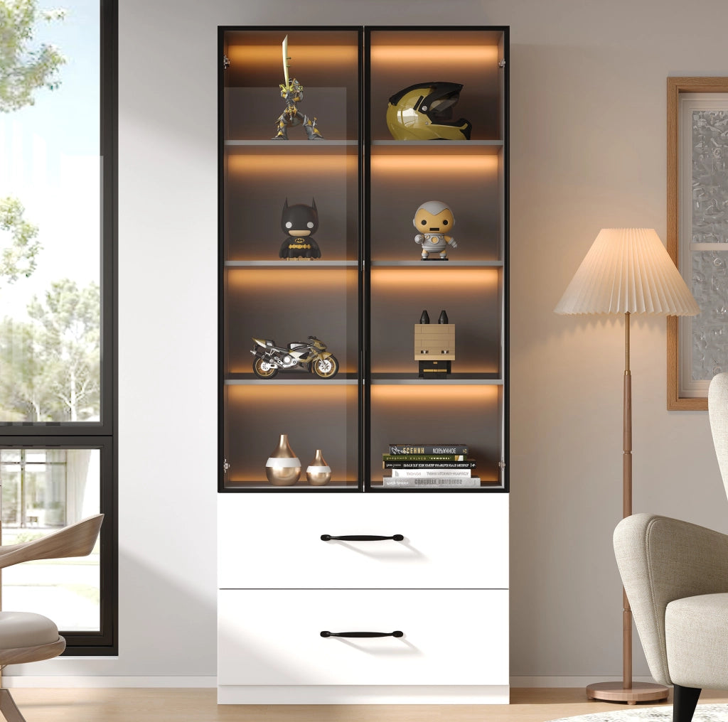 Vetrina LED bianca 60×40×160 cm con 2 cassetti
