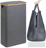 Wasmachine portatile pieghevole 65L con sacchetto lavanderia e coperchio, lavatrice pieghevole con coperchio e maniglia in bambù, lavatrice alta e stretta con coperchio, colore grigio