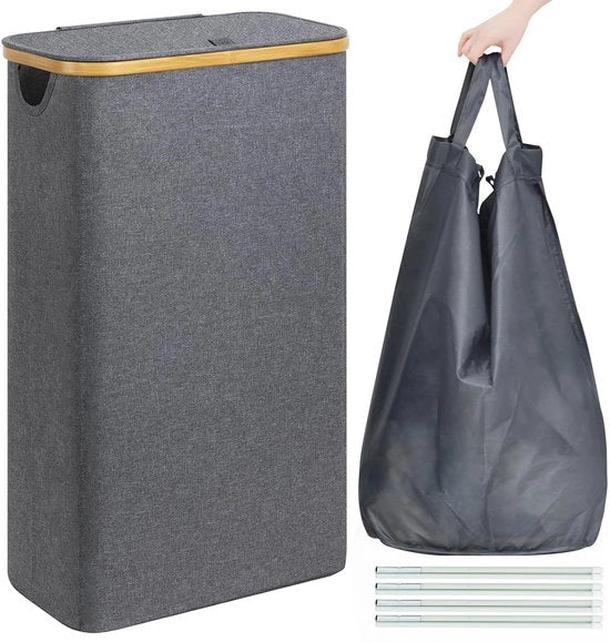 Wasmachine portatile pieghevole 65L con sacchetto lavanderia e coperchio, lavatrice pieghevole con coperchio e maniglia in bambù, lavatrice alta e stretta con coperchio, colore grigio