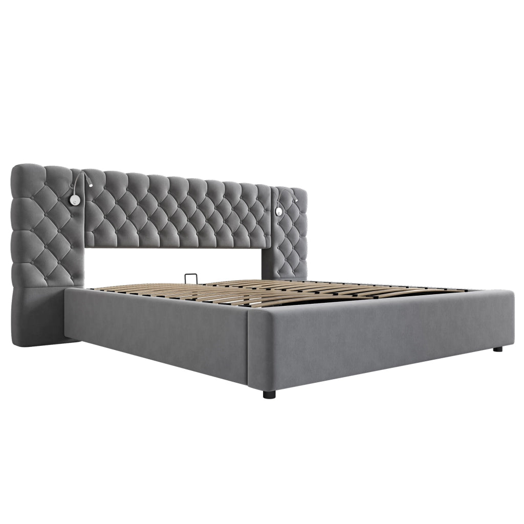 OKWISH Letto Contenitore 160×200 cm, Letto Matrimoniale con Sollevamento Idraulico, LED Regolabile, Lampada da Lettura e Testiera Ampia, senza Materasso, in Velluto, Grigio