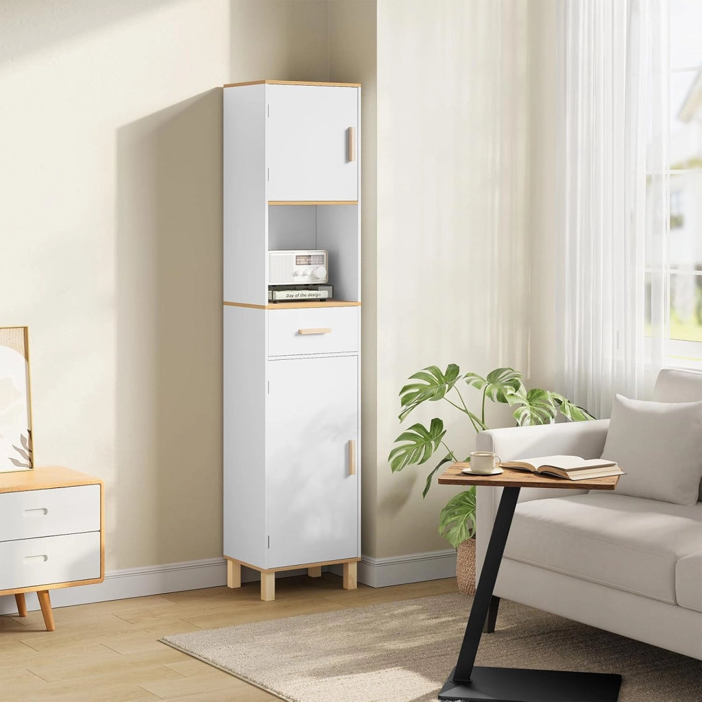 Mobile da Bagno Alto e Stretto, Armadio a Colonna da Bagno Salvaspazio in Legno MDF Mobiletto, Mobile Multiuso con 2 Ante, 1 Cassetto e 1 Vano Aperto, Bianco, 40x30x180cm