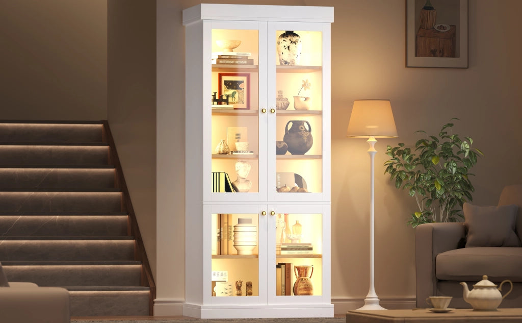 Armadio alto con LED, 2 sistemi antiribaltamento e ripiani regolabili, in MDF e vetro, bianco, 80 × 40 × 180 cm