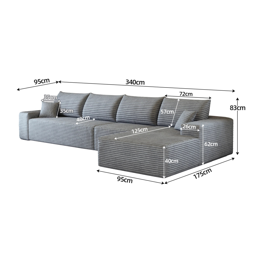 Divano angolare modulare con chaise longue a L schiuma ad alta elasticità tessuto a coste grigio per soggiorno