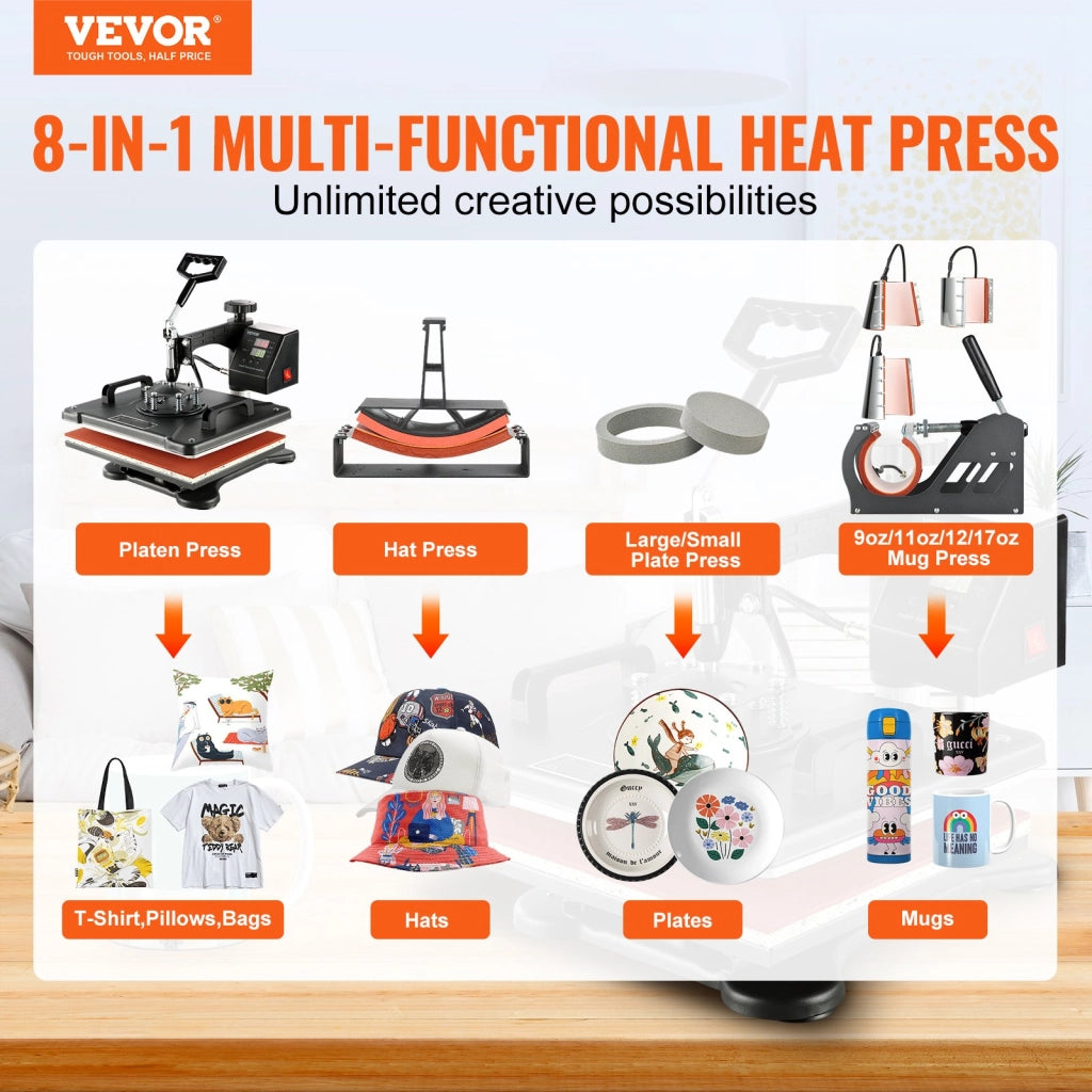 Termopressa a caldo multifunzionale 8 in 1 da 1250W 38 x 30 cm, pressa termica girevole a 360° per magliette, tazze e cappellini, ideale per fai da te
