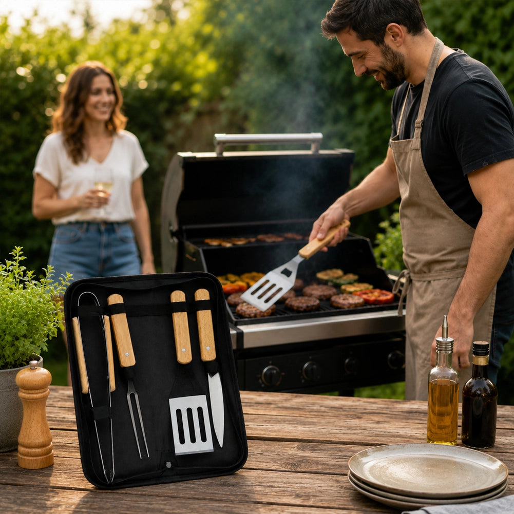 Set 4 Pezzi Accessori per Barbecue Valigetta Pieghevole con Manico in Legno