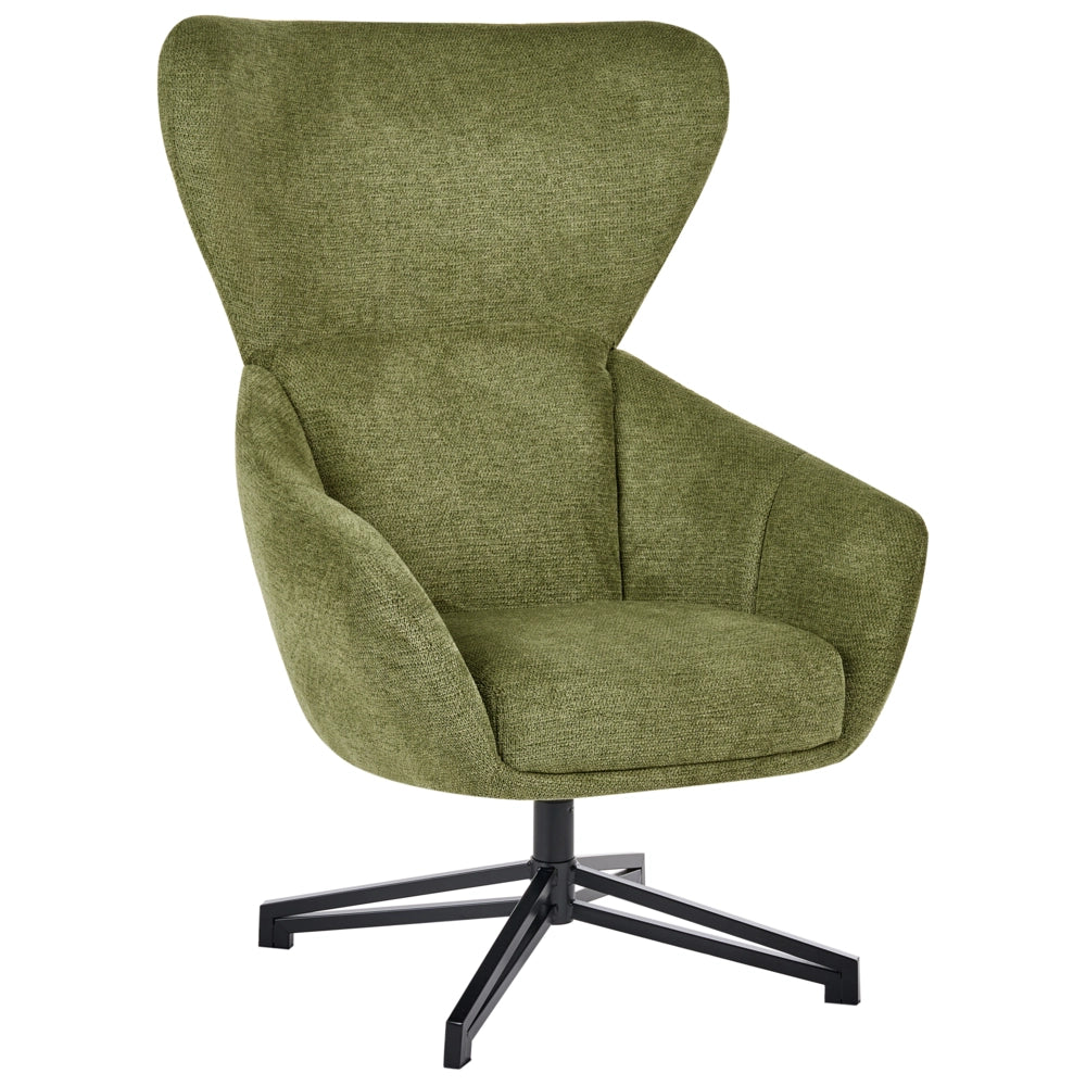 Poltrona Girevole in Tessuto Verde Stile Mid-Century Modern con Schienale Alto e Seduta a Guscio con Braccioli Avvolgenti