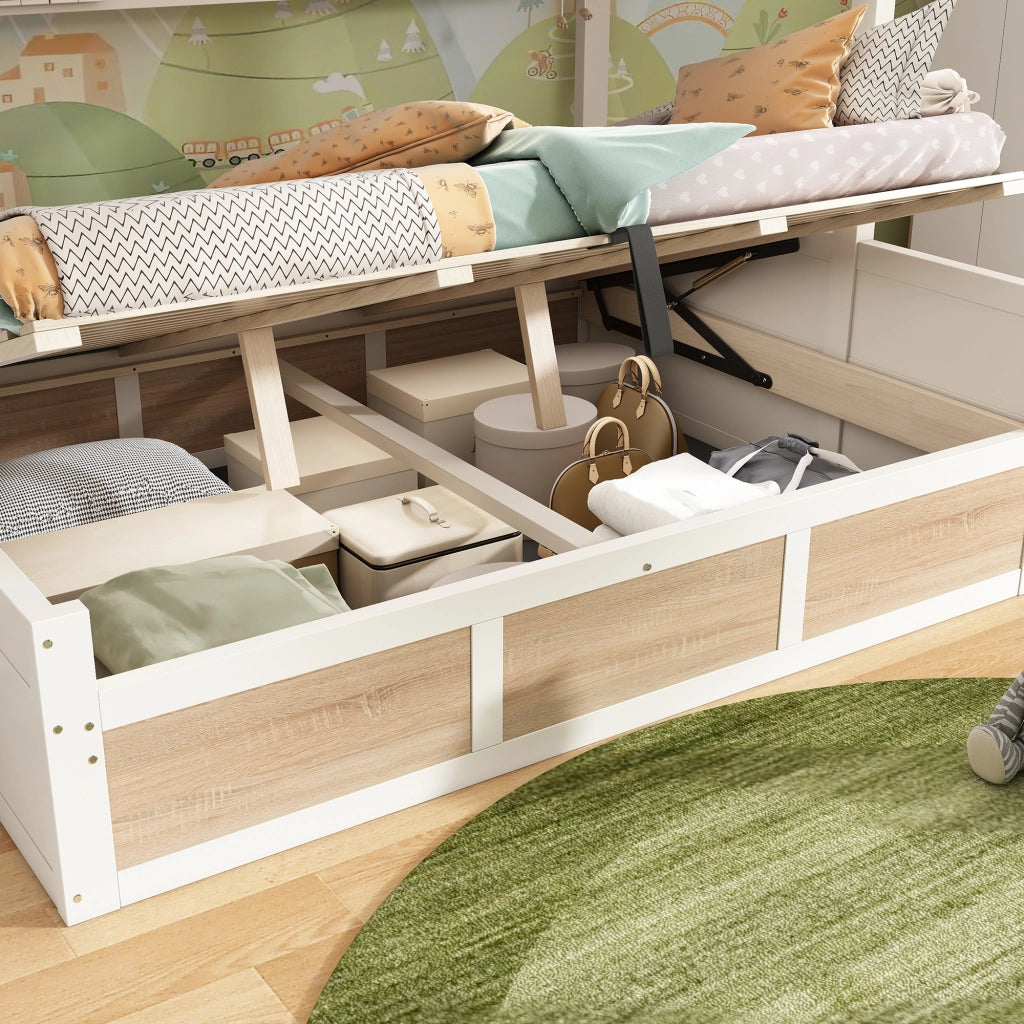 DESMIU Letto a castello bambino 90 × 200 cm e 140 × 200 cm con contenitore, senza materasso, bianco e naturale