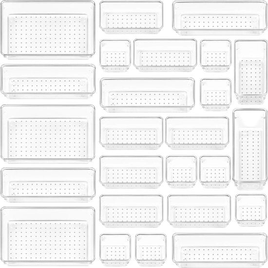 Organizzatore da 25 pezzi con 4 misure, sistema di organizzazione per il trucco, organizzatore per tavolo da toeletta. Utilizzabile in cucina, bagno, ufficio e tavolo da toeletta.