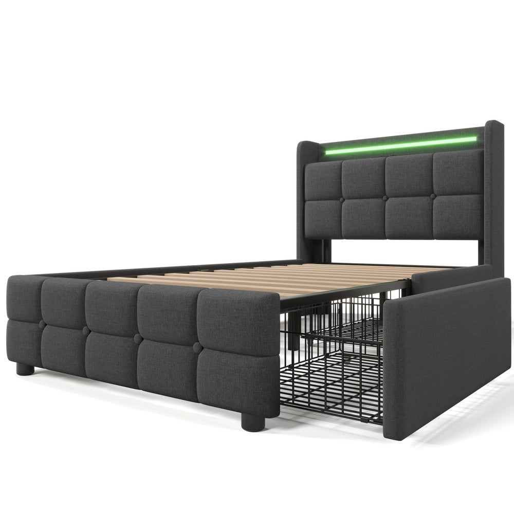 Letto Imbottito Singolo con LED, USB e Cassetti ¨C MINIMAL ¨C 90x200, Grigio, Rete a Doghe