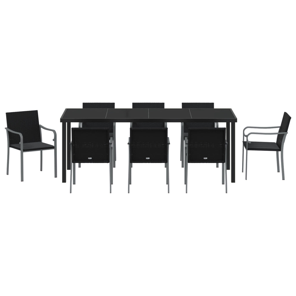Set pranzo giardino 9 pezzi con cuscini Polyrattan neri