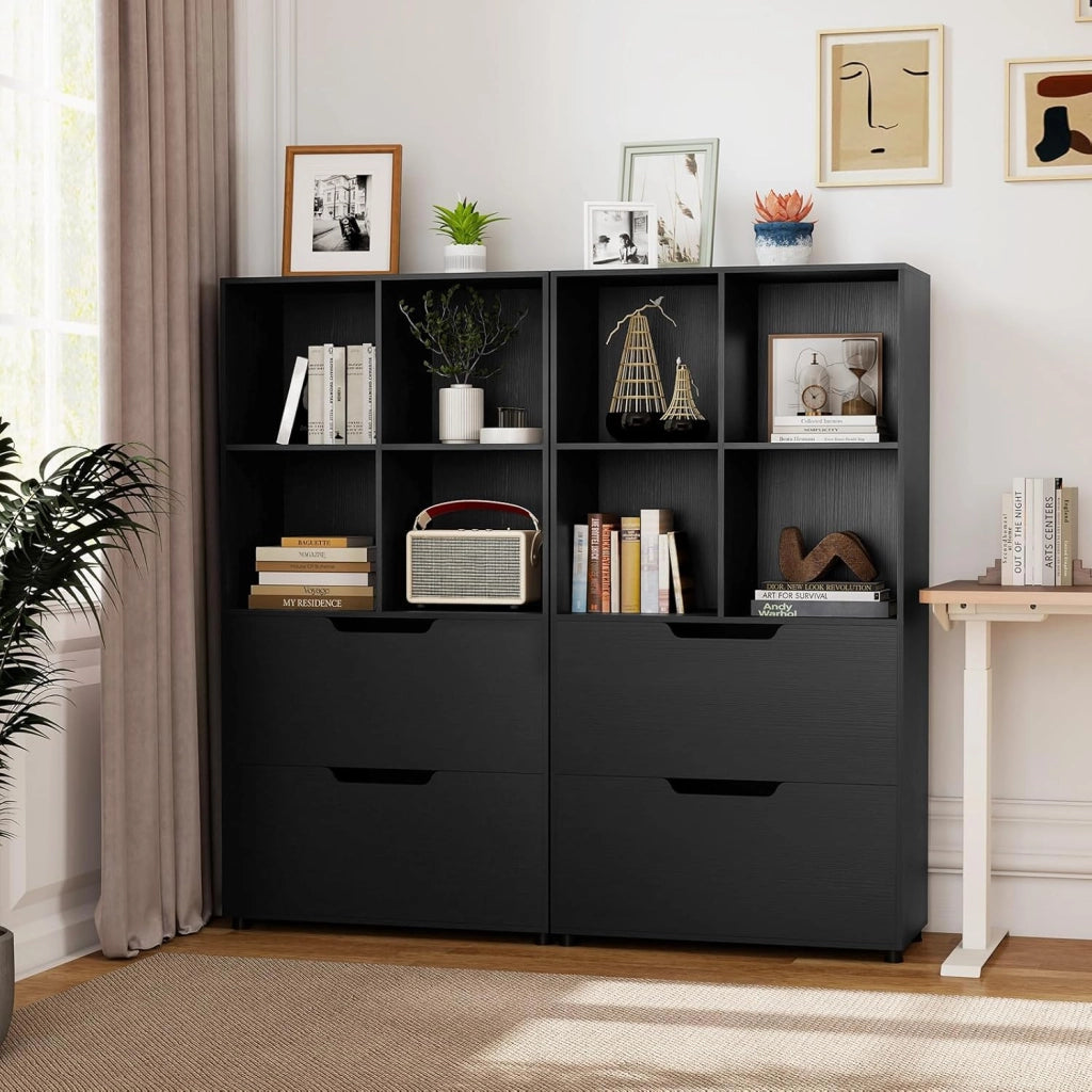 Libreria Scaffale in Legno con 4 Cubi e 2 Cassetti, Libreria Chiusa con Dispositivo Antiribaltamento, Mobile per Soggiorno, Ufficio, Camera da Letto, 70 x 33,5 x 130 cm (Nero)