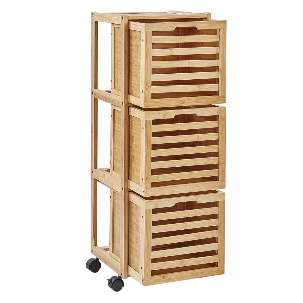 Armadietto da bagno a 3 cassetti marrone chiaro Bambù Ruote in gomma Stoccaggio bagno