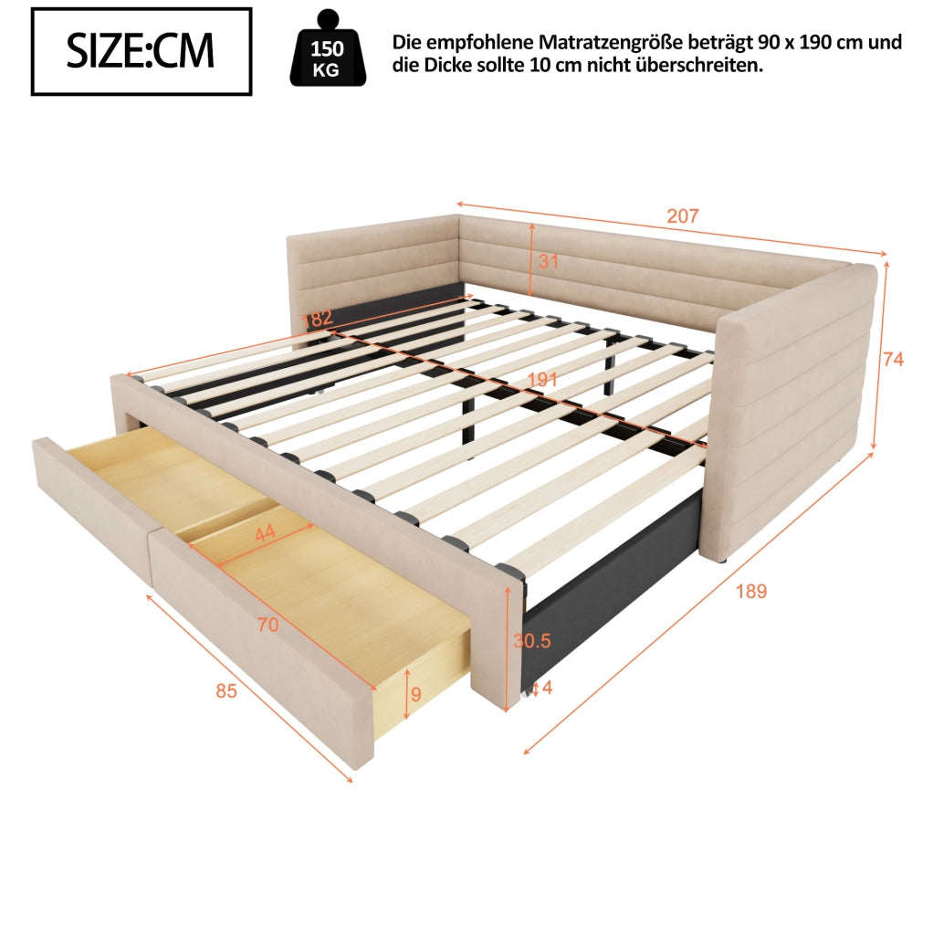 Letto imbottito 3 in 1 estraibile 90x190 cm con 2 cassetti; beige