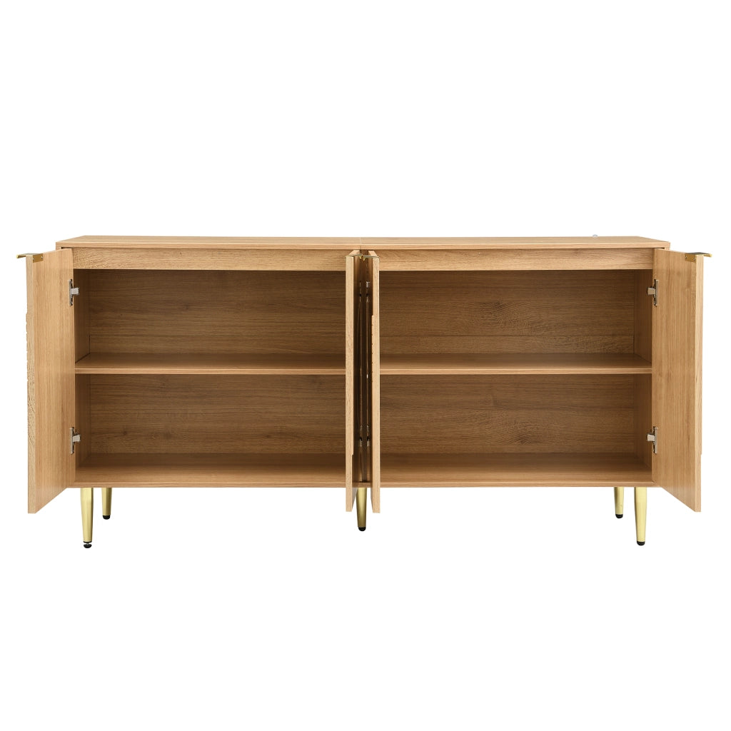 Credenza Moderna Legno Naturale 140 cm Mobile Buffet con 4 Ante e Dettagli Dorati