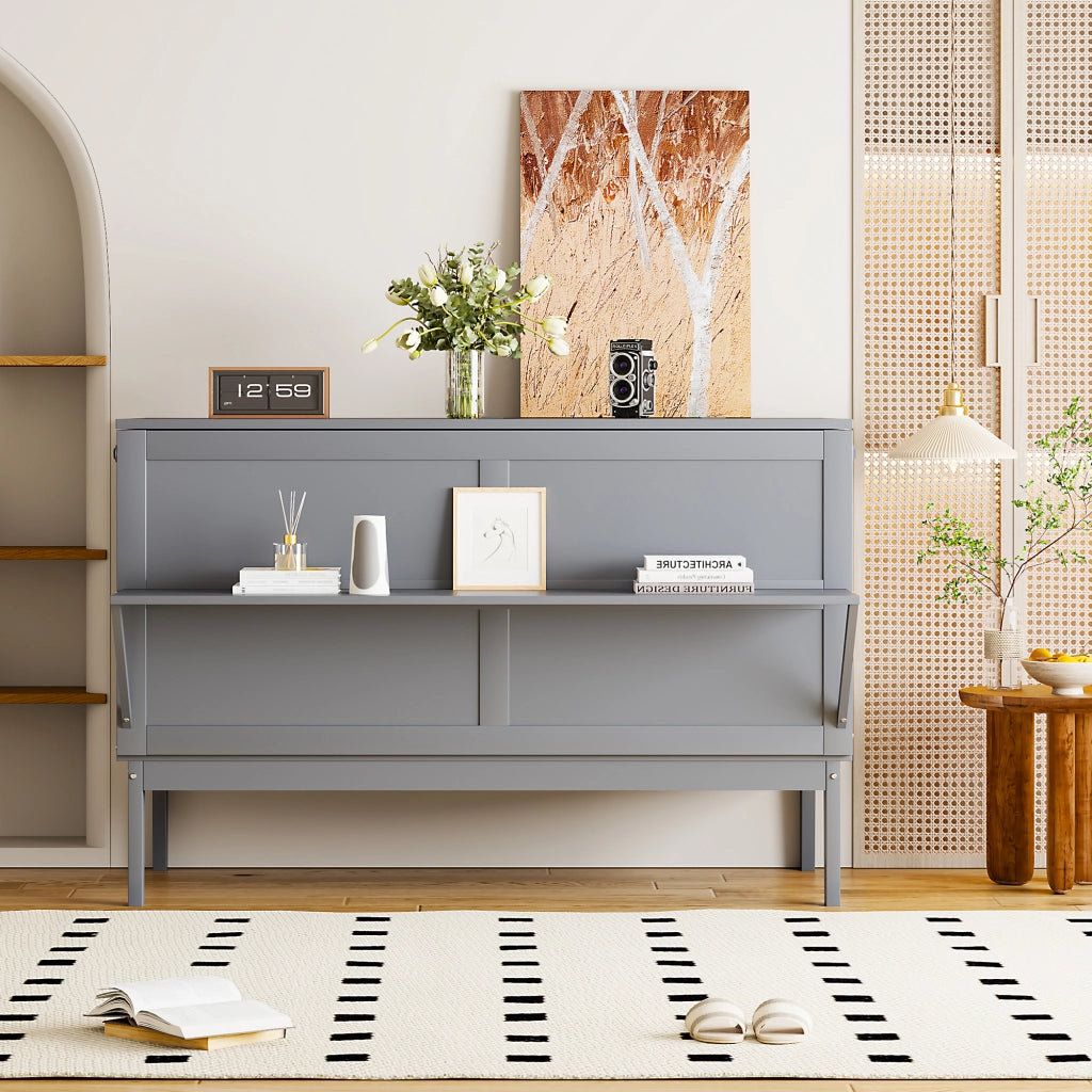 OKWISH Letto a scomparsa 140×200 cm, Letto Matrimoniale con Ribalta Verticale, Spazio Contenitore e Consolle, senza Materasso, Grigio