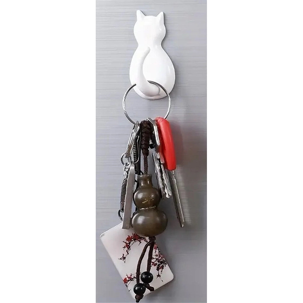 Trade Shop - Set 3 Pz Ganci A Forma Di Gatto Bianchi Adesivi Per Cucina Bagno Da Parete 79346 -