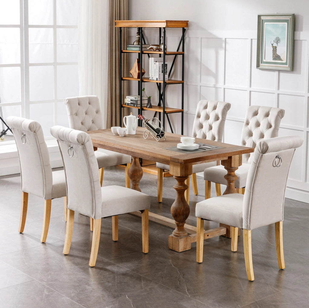 Set di 2 sedie da pranzo in velluto beige con gambe in legno di quercia