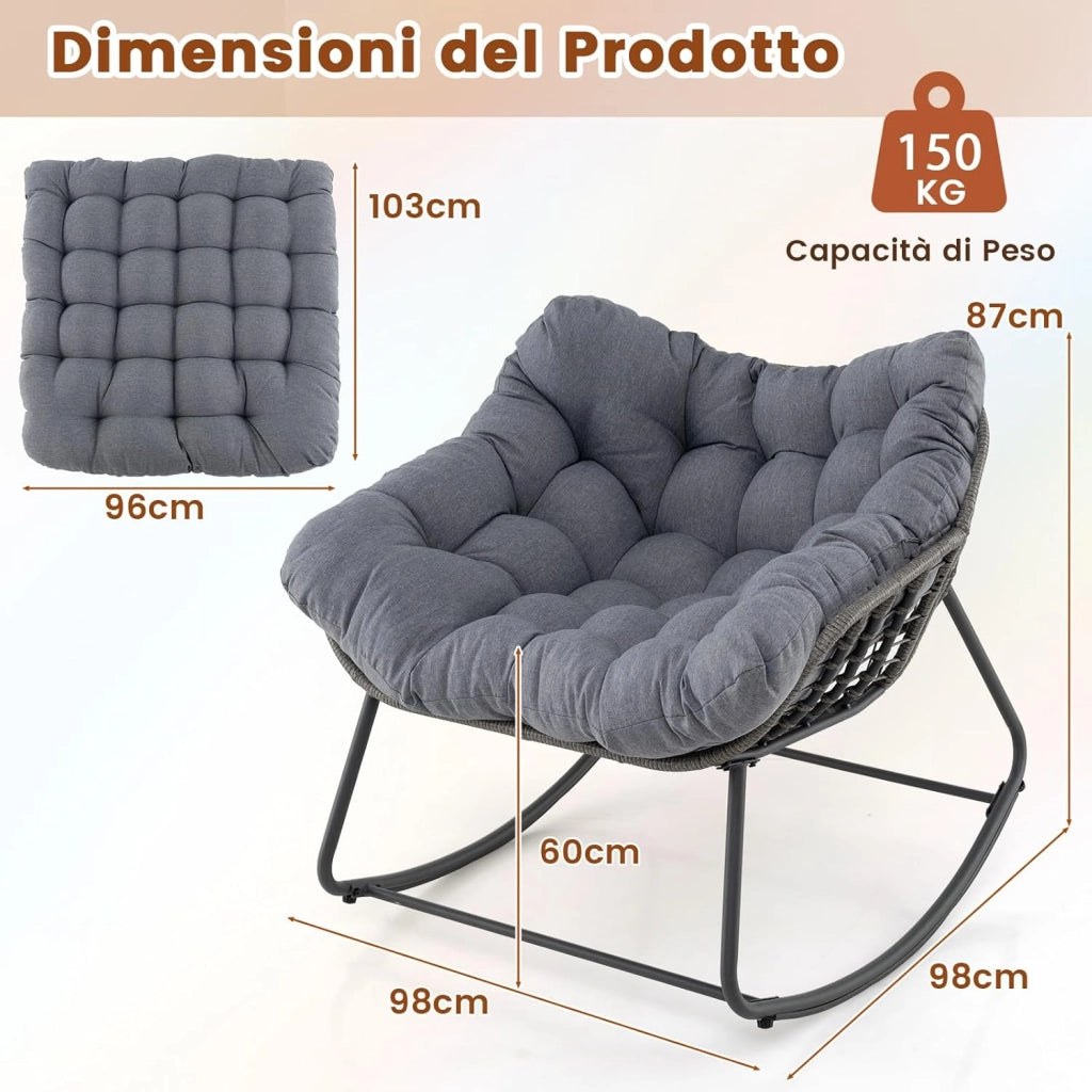 Sedia a Dondolo da Esterno, Poltrona in PE Vimini con Cuscino Rimovibile, Poltrona Relax in Rattan con Struttura in Metallo, per Soggiorno, Balcone, Giardino, Portata 150 kg (Grigio)