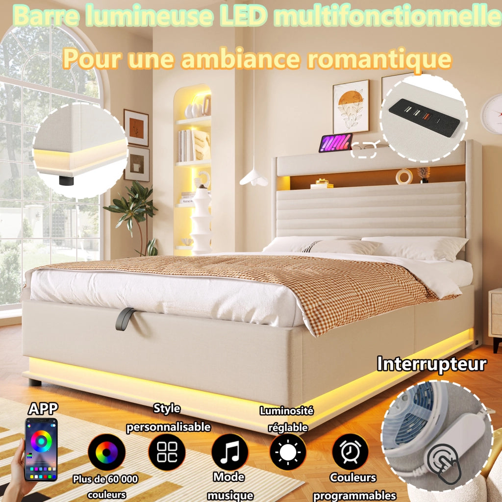 Letto Contenitore 140x200 cm; Letto Matrimoniale; USB; Tipo C e LED Regolabile - Beige