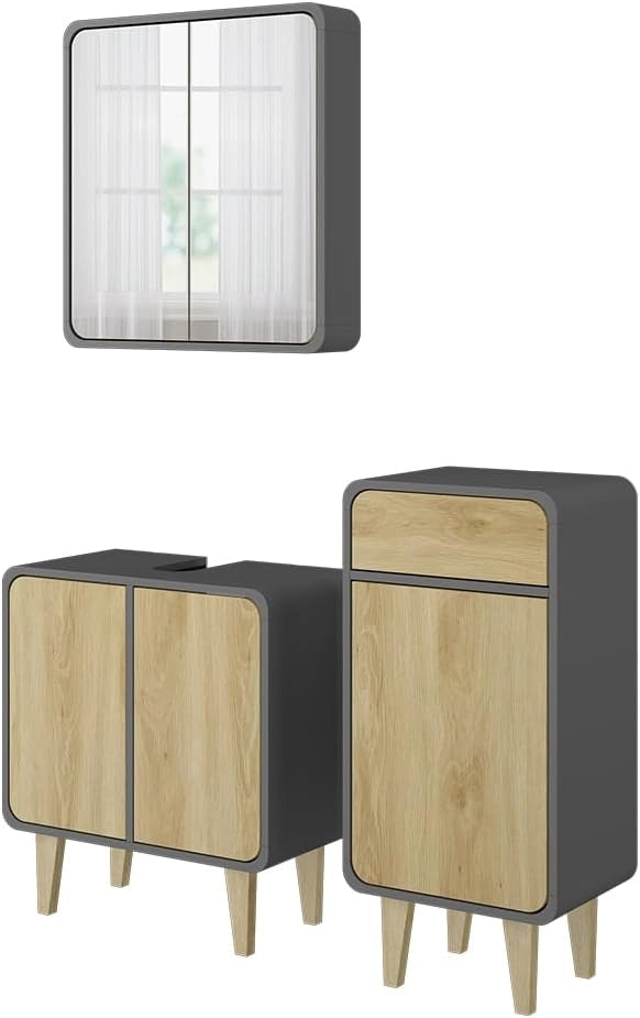 Set di mobili da bagno Arla, Antracite/quercia, 60 cm, composto da mobile lavabo, pensile a specchio, colonna e base media
