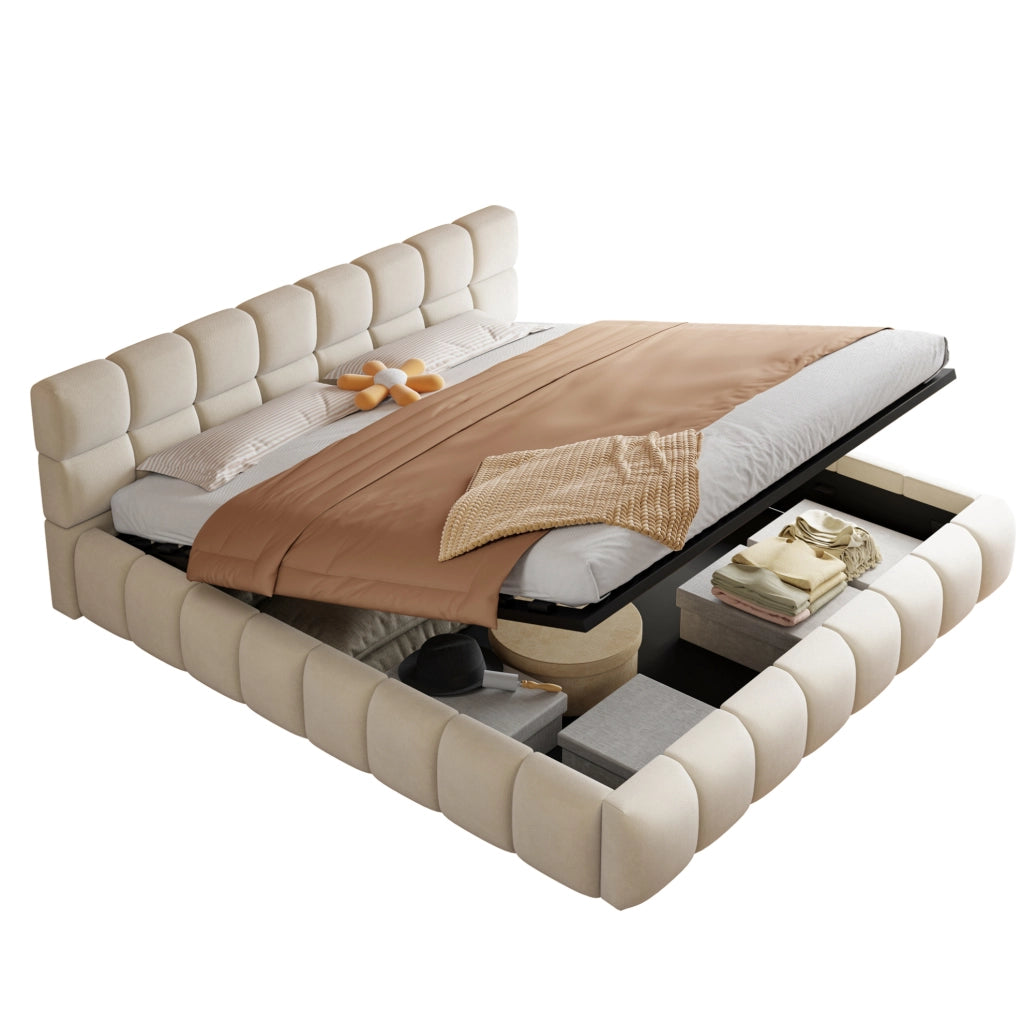 Letto matrimoniale imbottito 180x200 cm in velluto beige con contenitore idraulico e LED