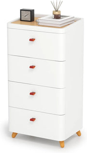 Cassettiera con 4 Cassetti con Vassoio Rimovibile e Gambe in Legno Massello, Cassettiera Camera da Letto in Legno, Armadietto per Soggiorno, Ufficio, Studio, 42 x 32 x 81,5 cm, Bianco