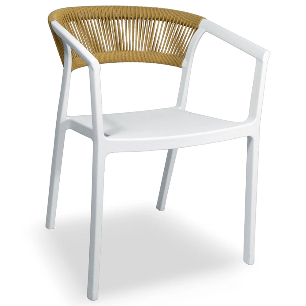 Sedie da Bar Sety in plastica bianca con schienale curvo a corda beige