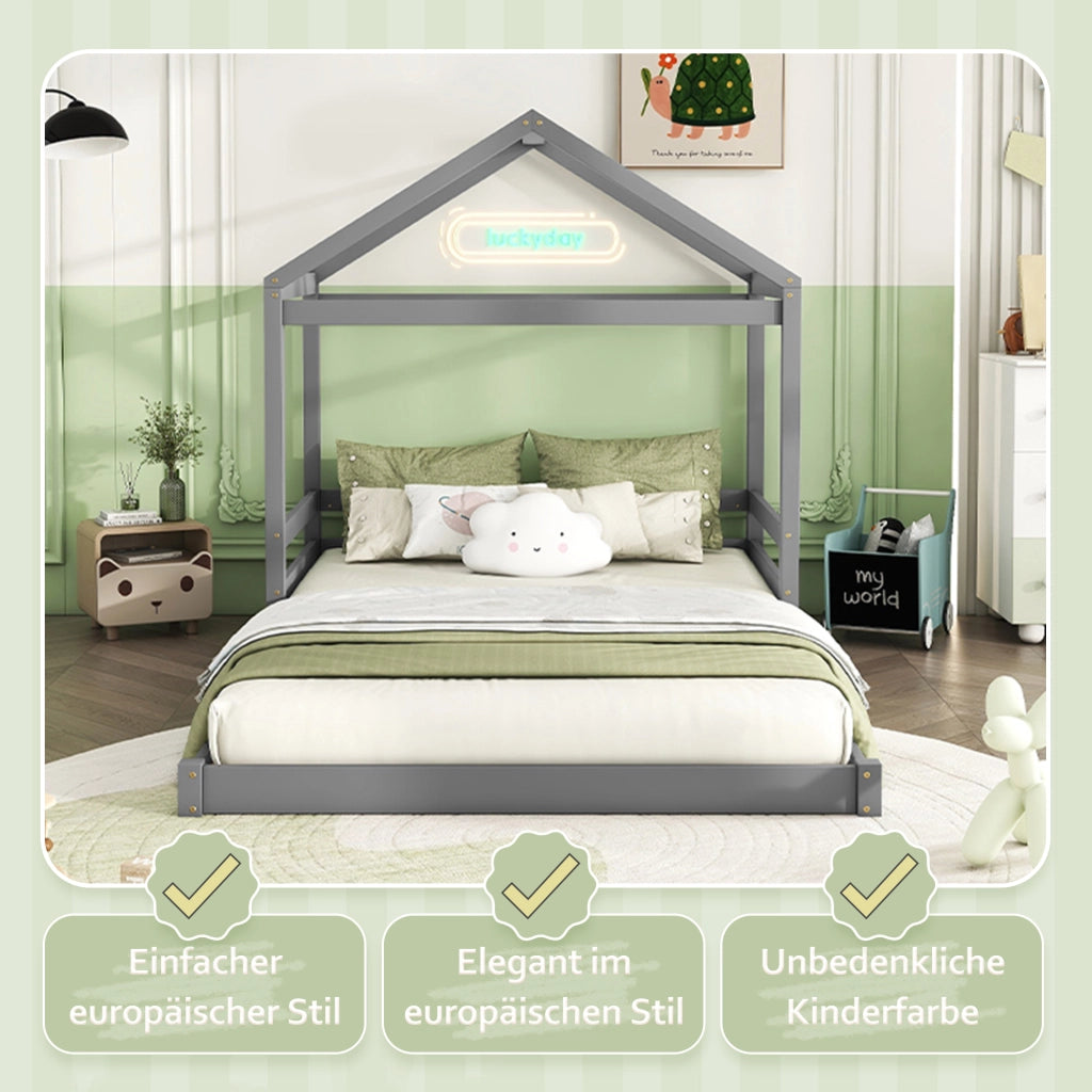 LETTO a casetta 140x200 cm in legno di pino e MDF grigio con rete a doghe
