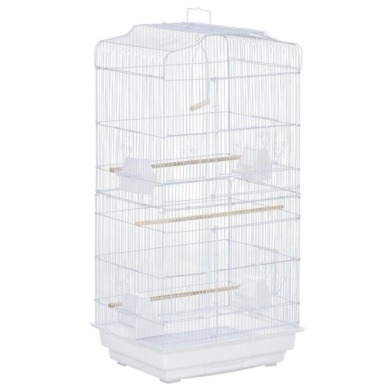 GABBIA PER UCCELLI CON TRESPOLI, ALTALENA E CIOTOLE, VOLIERA IN METALLO E PLASTICA, 46.5X35.5X92CM, BIANCO