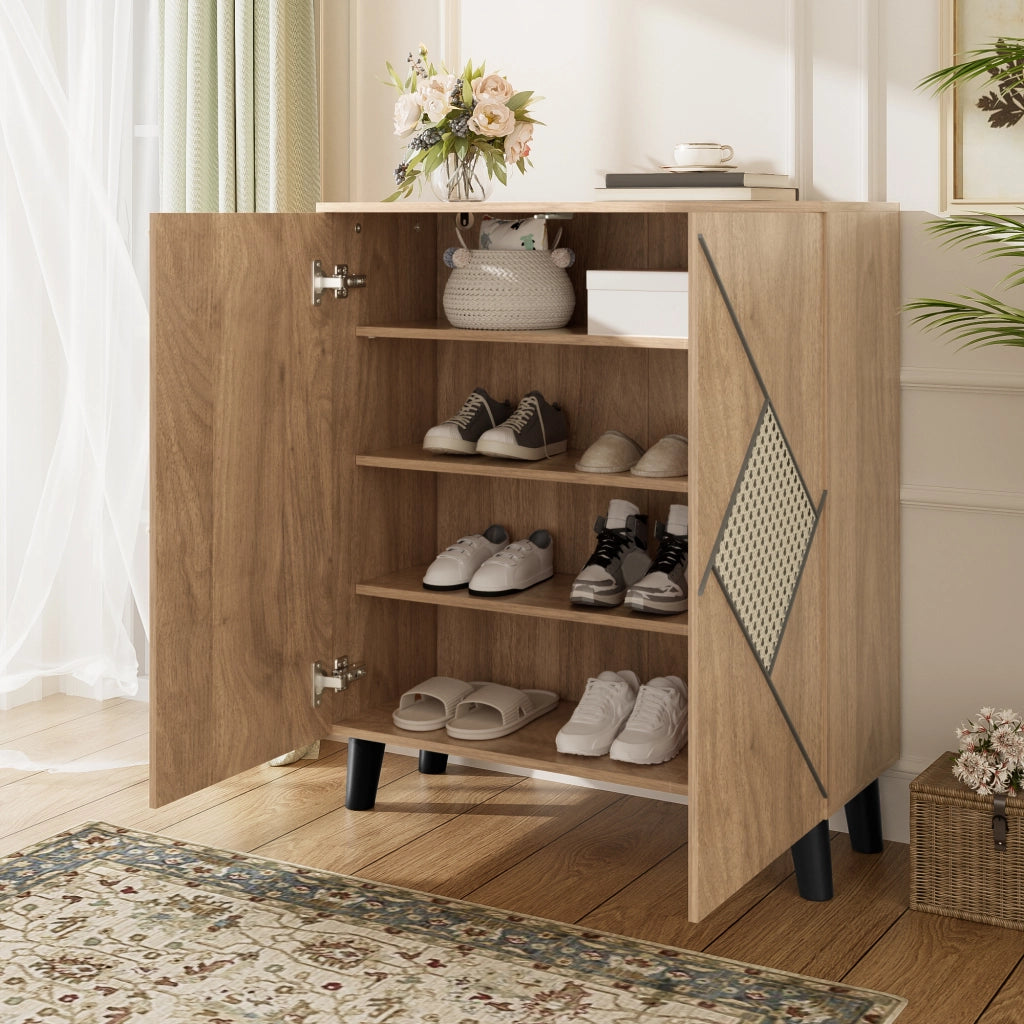 Scarpiera con 2 Ante; Motivo Decorativo Rattan; Contenitore Chiuso; Stile Moderno; in Pannello Truciolare; 80×31×91 cm; Legno