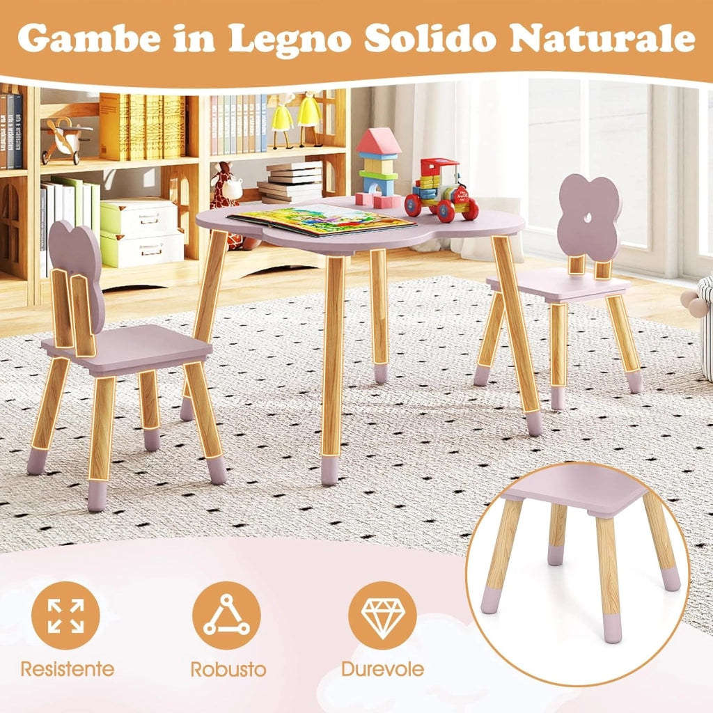 Set Tavolo per Bambini a Forma di Fiore, Tavolino e Sedia in Legno con 2 Sedie e Gambe in Legno di Pino Solido, Tavolino Bambini 3+ Anni per Disegno, Arte e Studio (Rosa)