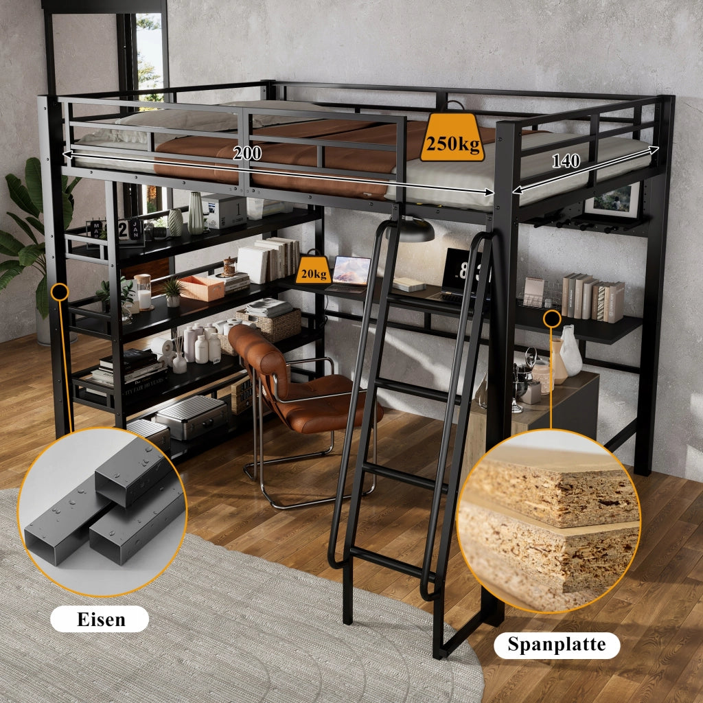 Letto a castello 140x200 nero - Xylo - Con scala e ripostigli