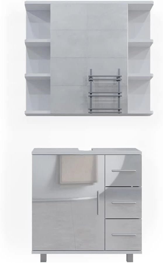 Set mobili bagno Ilias, Bianco lucido, 60 cm, composto da specchio da bagno e mobile sottolavabo