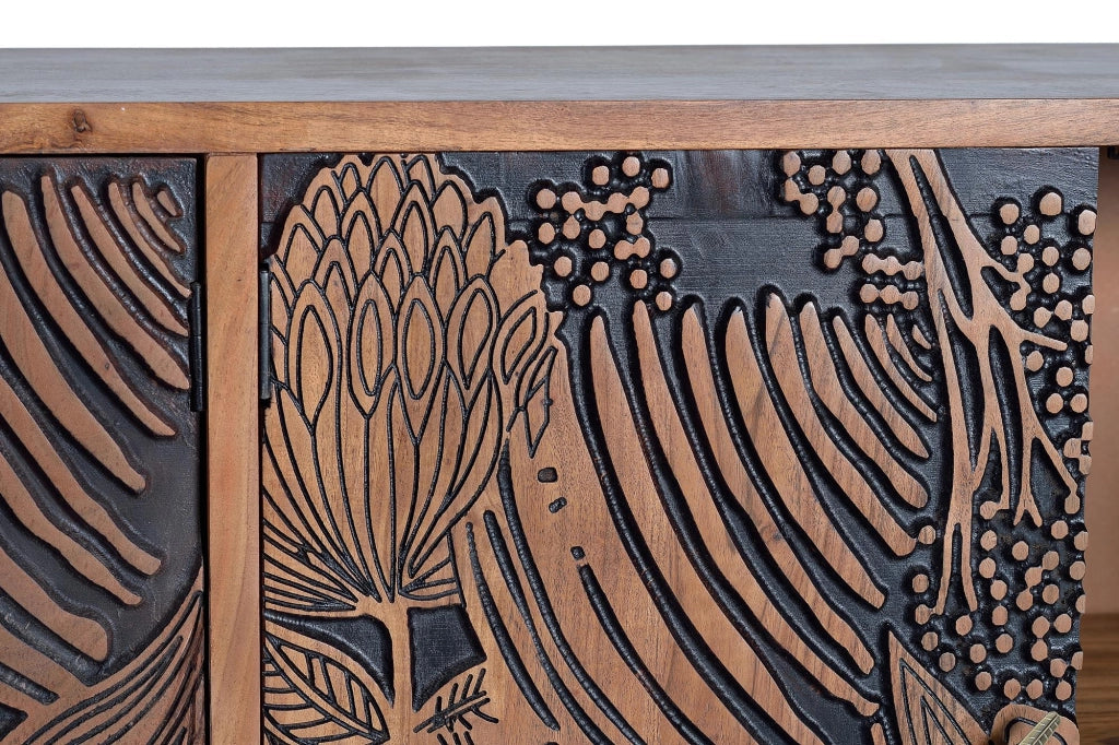 Credenza a 4 ante in massello di acacia intagliato a mano