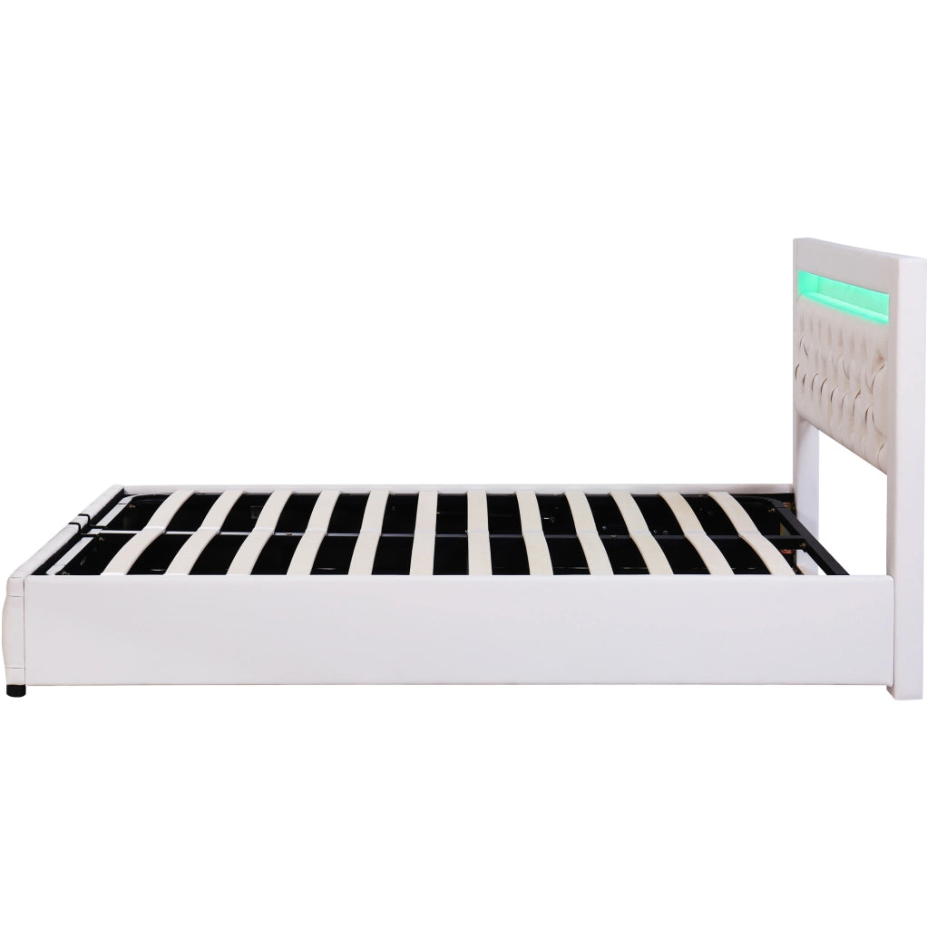 Letto imbottito ULEVR 140x200 cm con contenitore, LED regolabile e rivestimento in PU bianco