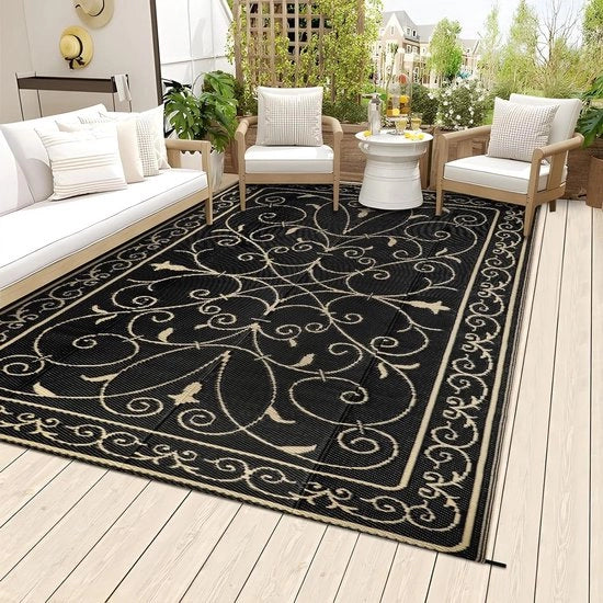 Tappeto esterno resistente al tempo - tappeto per giardino, balcone e terrazzo - leggero e pieghevole - tappeto per campeggio - nero - 150 x 245 cm